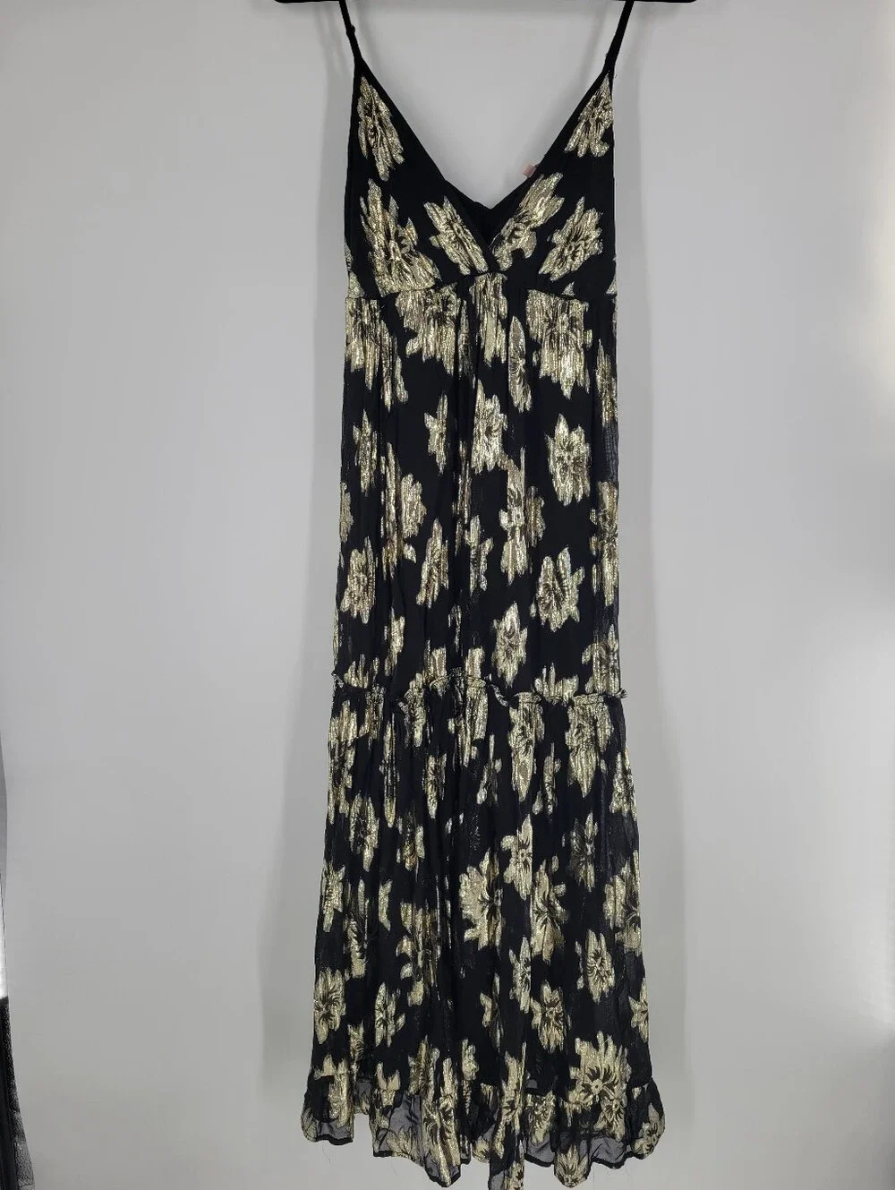 GOA Black and Gold Floral Maxi Dress Elegant Spaghetti Strap Boho Dress Size M - Picture 4 of 7